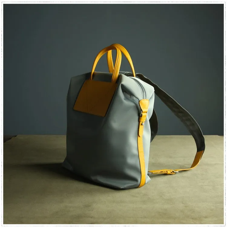 Womens Light Gray&Yellow Nylon Backpack Bag Best Satchel Backpack Nylon Leather School Rucksack for Ladies