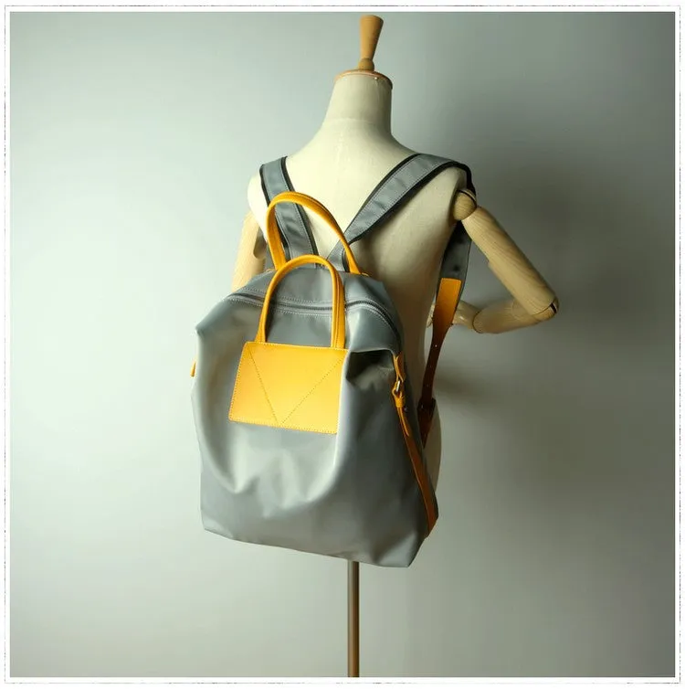 Womens Light Gray&Yellow Nylon Backpack Bag Best Satchel Backpack Nylon Leather School Rucksack for Ladies