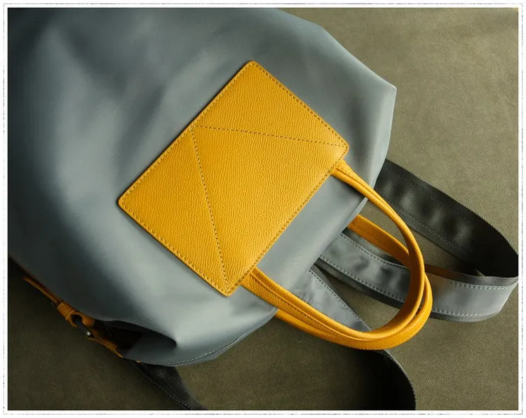 Womens Light Gray&Yellow Nylon Backpack Bag Best Satchel Backpack Nylon Leather School Rucksack for Ladies
